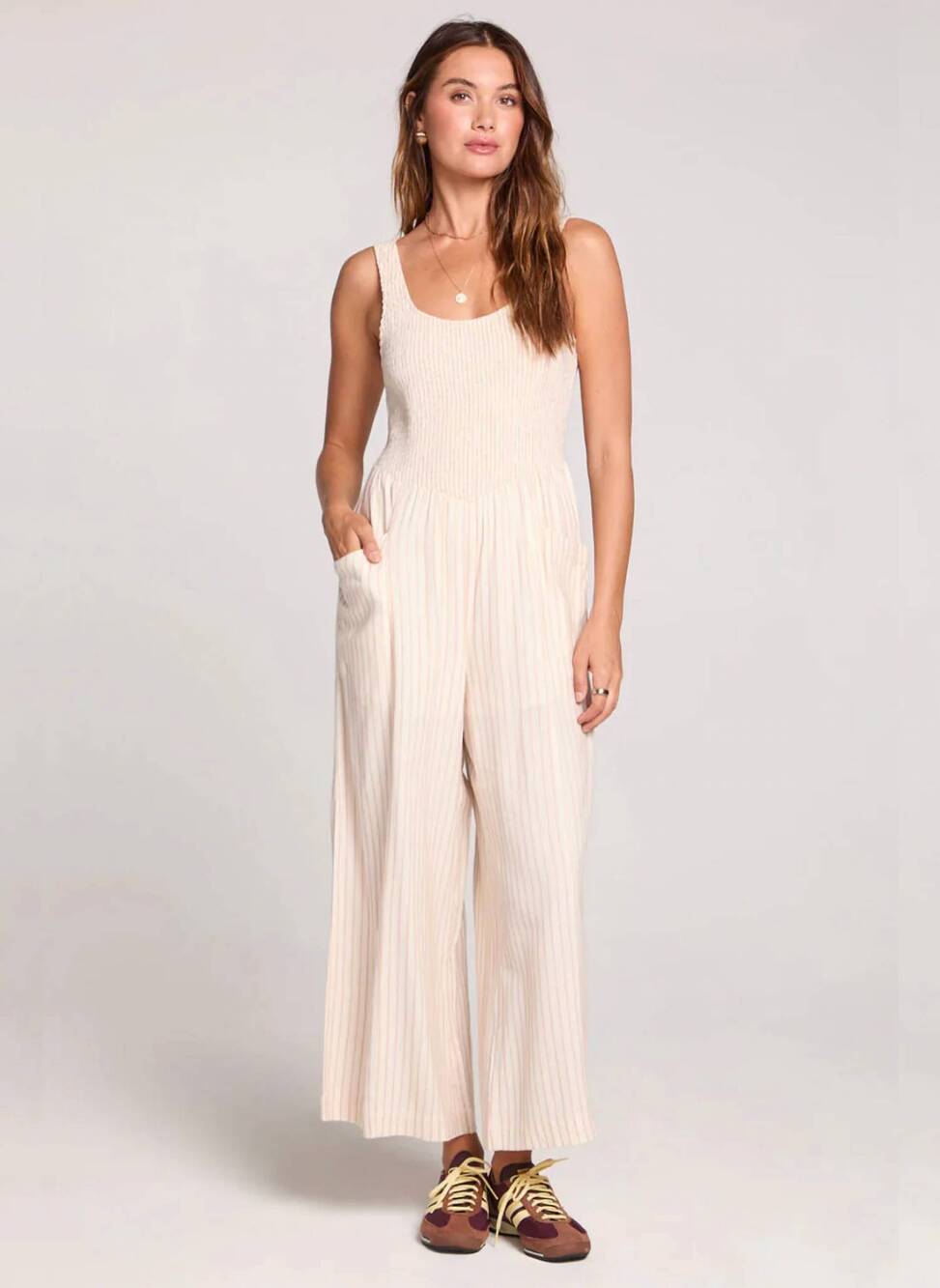 NEW SALTWATER LUXE leia striped tank jumpsuit in beige